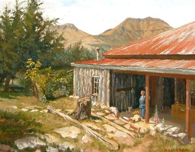Painting of the original Trewennan house with mountains behind it